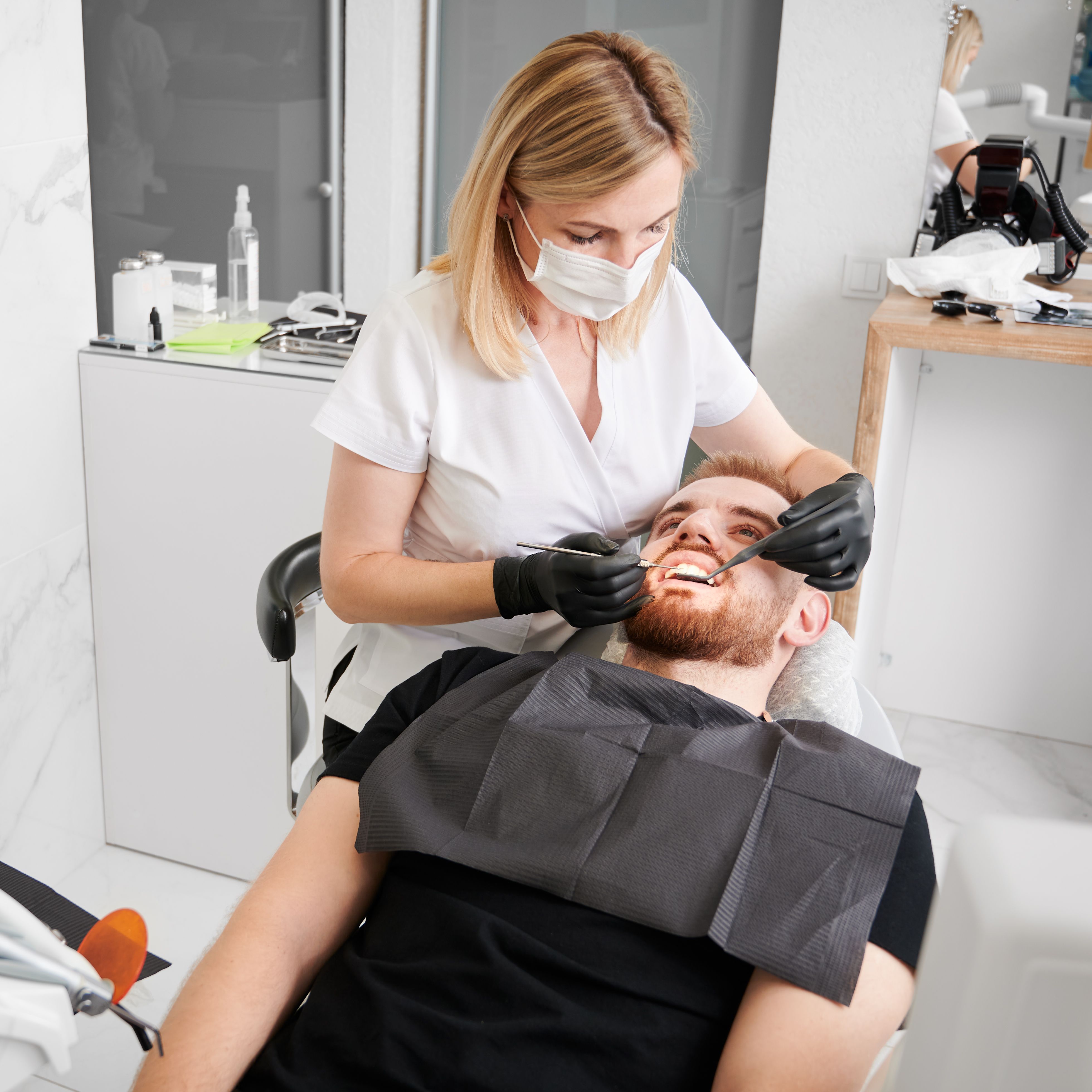 Female Dentist Work Man S Teeth Check up Dentist Office