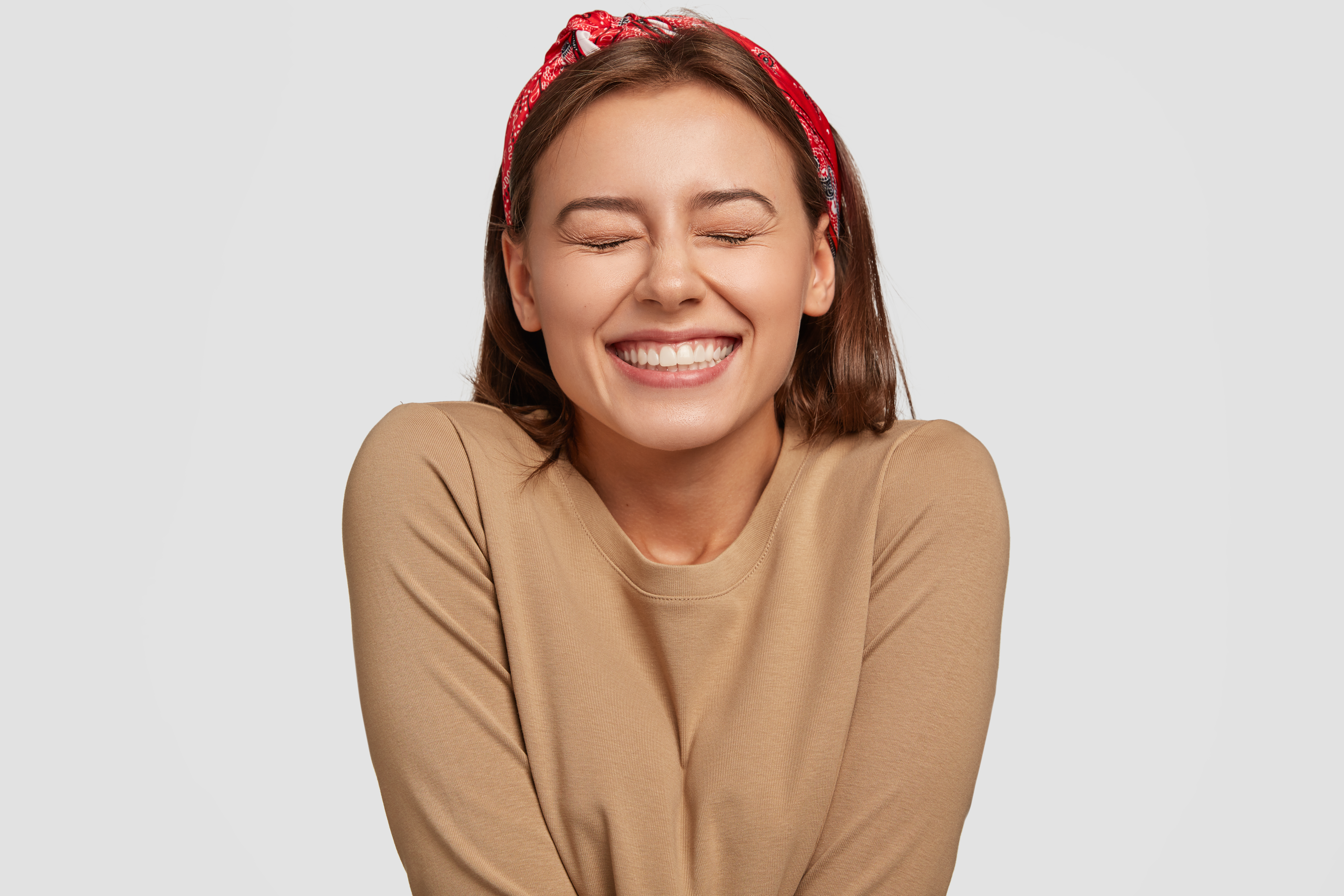 Portrait Happy European Woman Has Broad Smile Closes Eyes Feels Excitement Being High Spirit